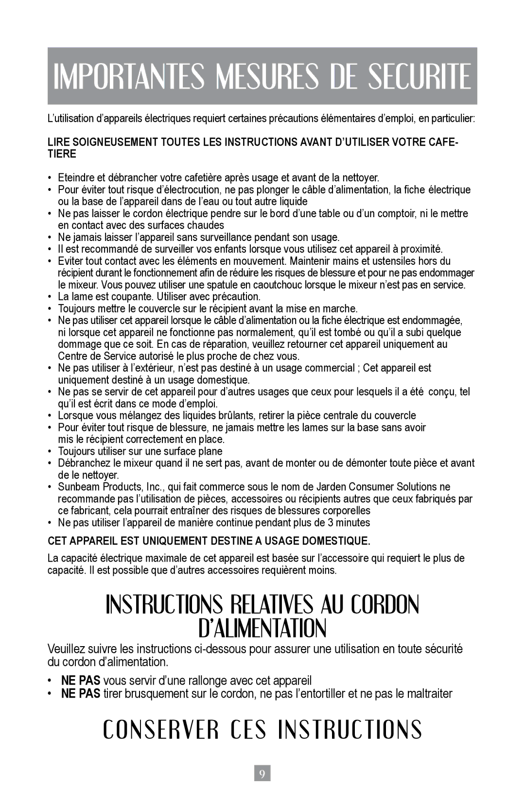 Oster BPST02-B-050 instruction manual Instructions Relatives AU Cordon ’ALIMENTATION, CO Nser V ER CES Instruct IO NS 