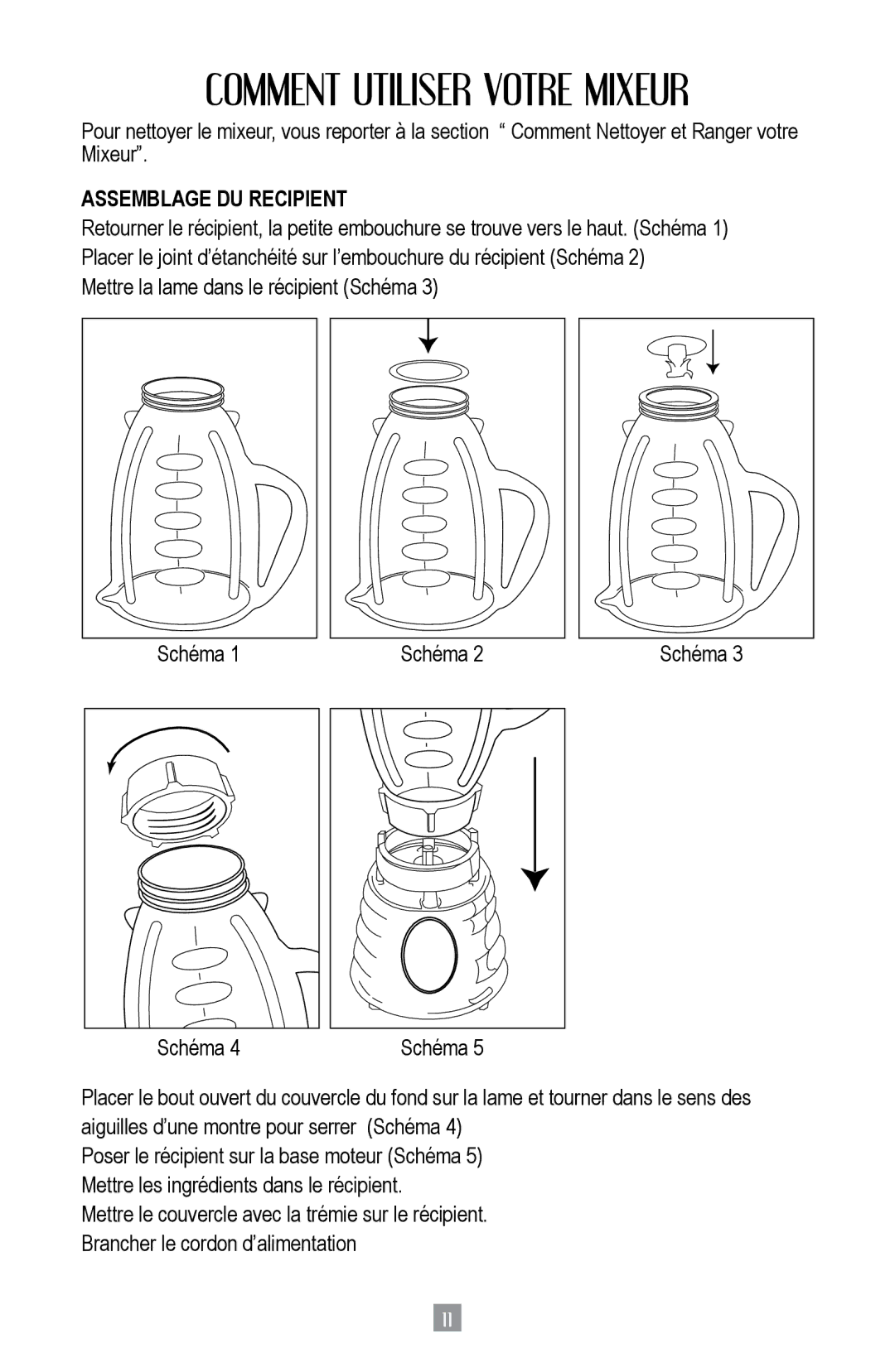Oster BPST02-B-050 instruction manual Comment Utiliser Votre Mixeur, Assemblage DU Recipient 