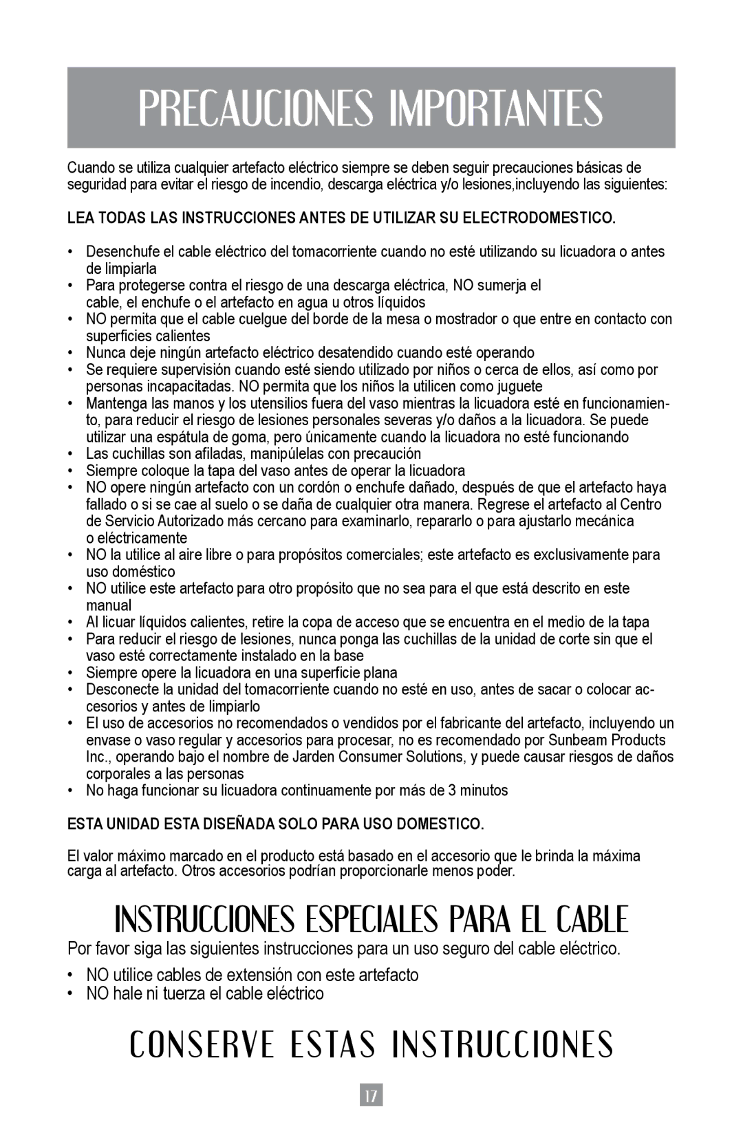 Oster BPST02-B-050 instruction manual Precauciones Importantes, Conserve Estas Instrucciones 