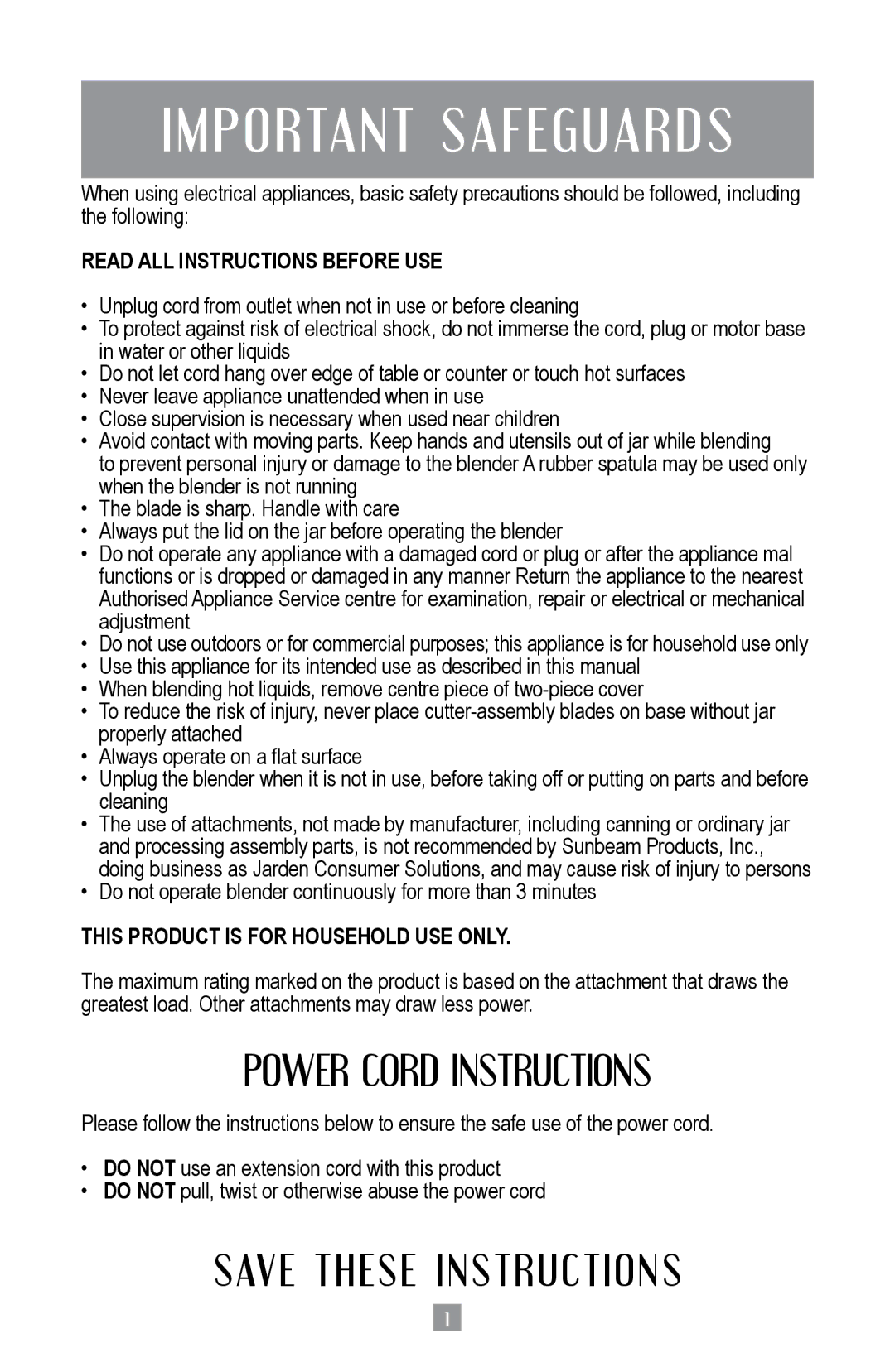 Oster BPST02-B-050 instruction manual Power Cord Instructions, This Product is for Household USE only 