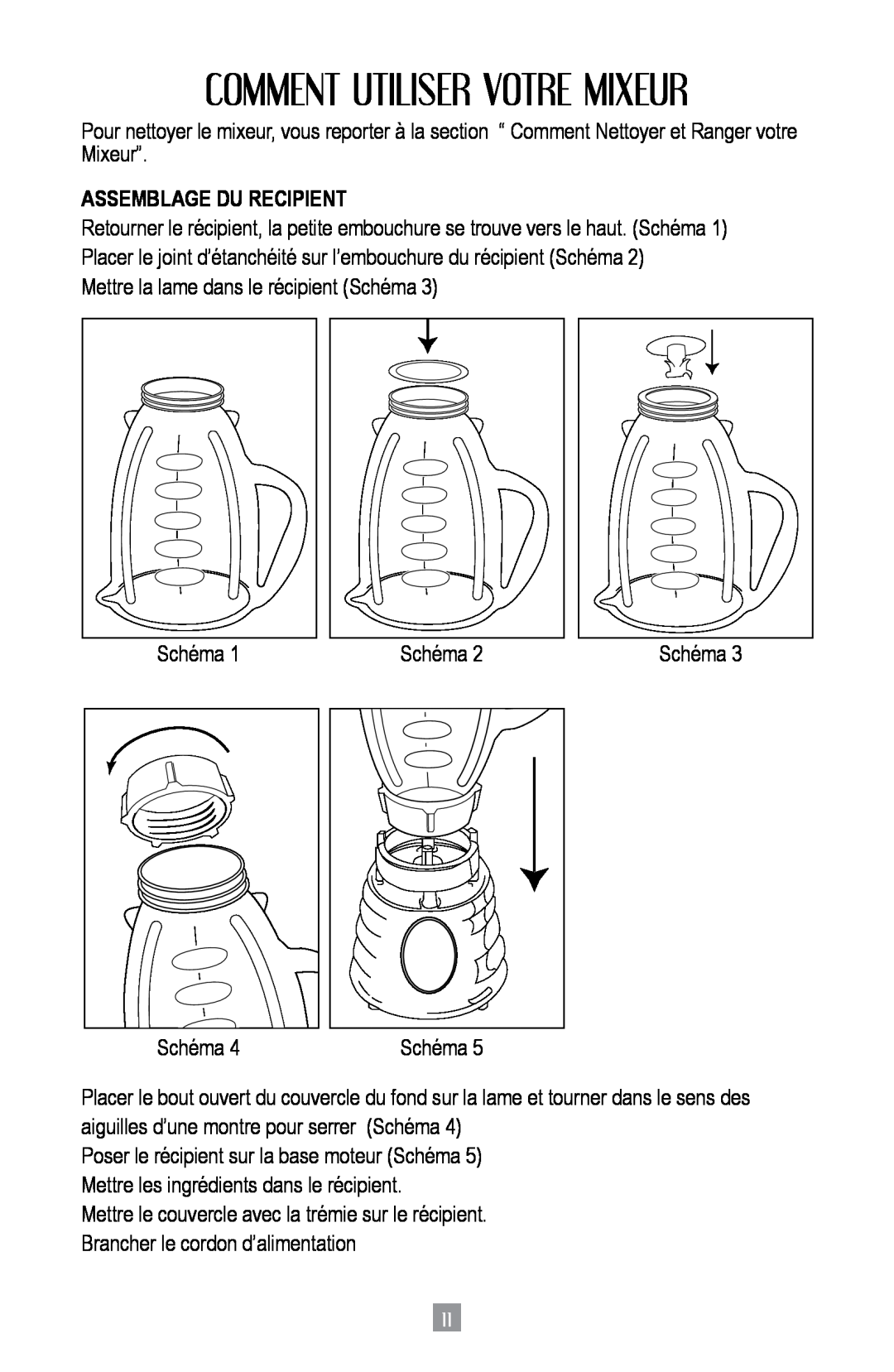 Oster BPST02-B-050 instruction manual Comment Utiliser Votre Mixeur, Assemblage Du Recipient 