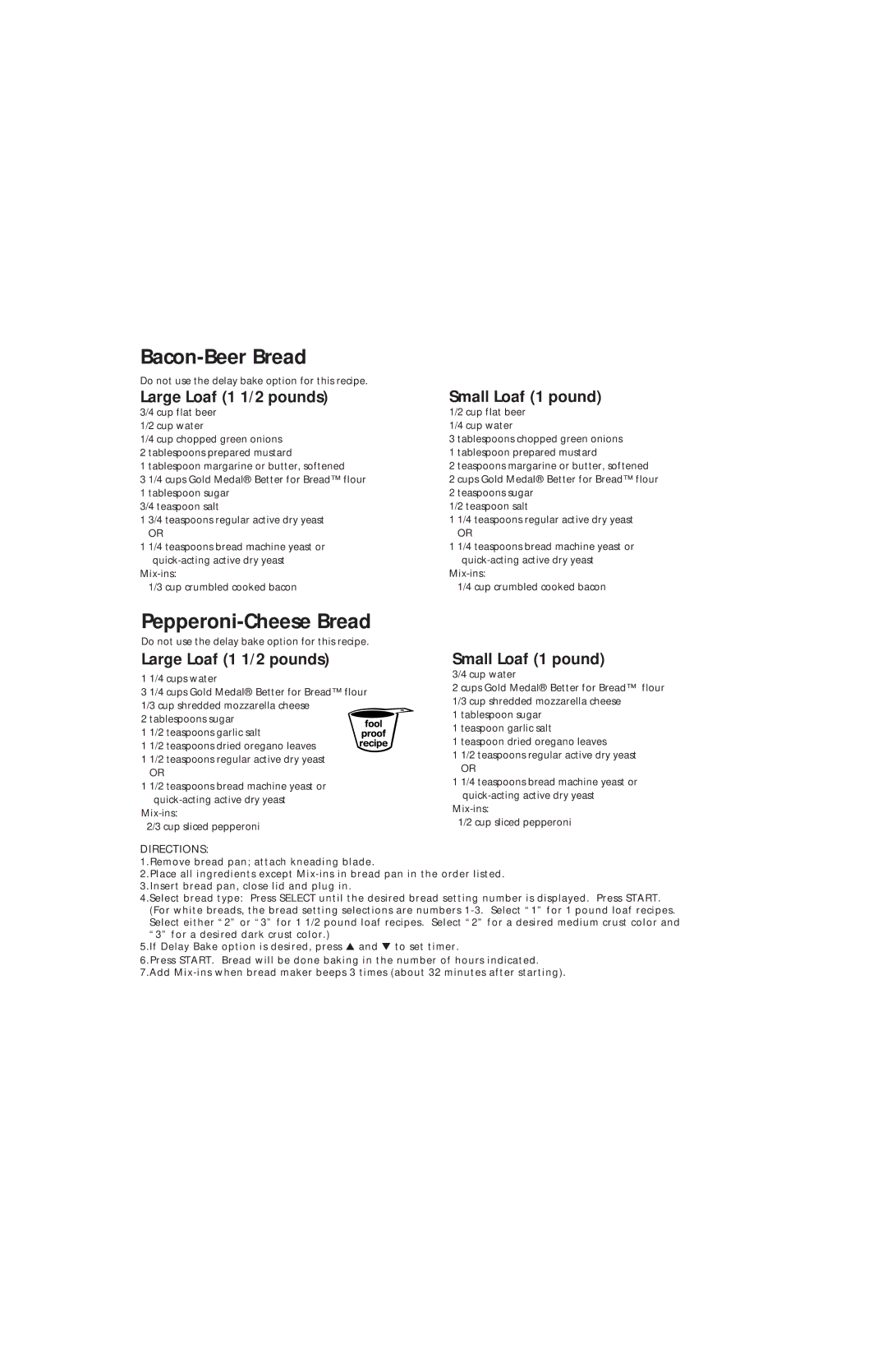 Oster Bread & Dough Maker manual Bacon-Beer Bread, Pepperoni-Cheese Bread, Large Loaf 1 1/2 pounds Small Loaf 1 pound 