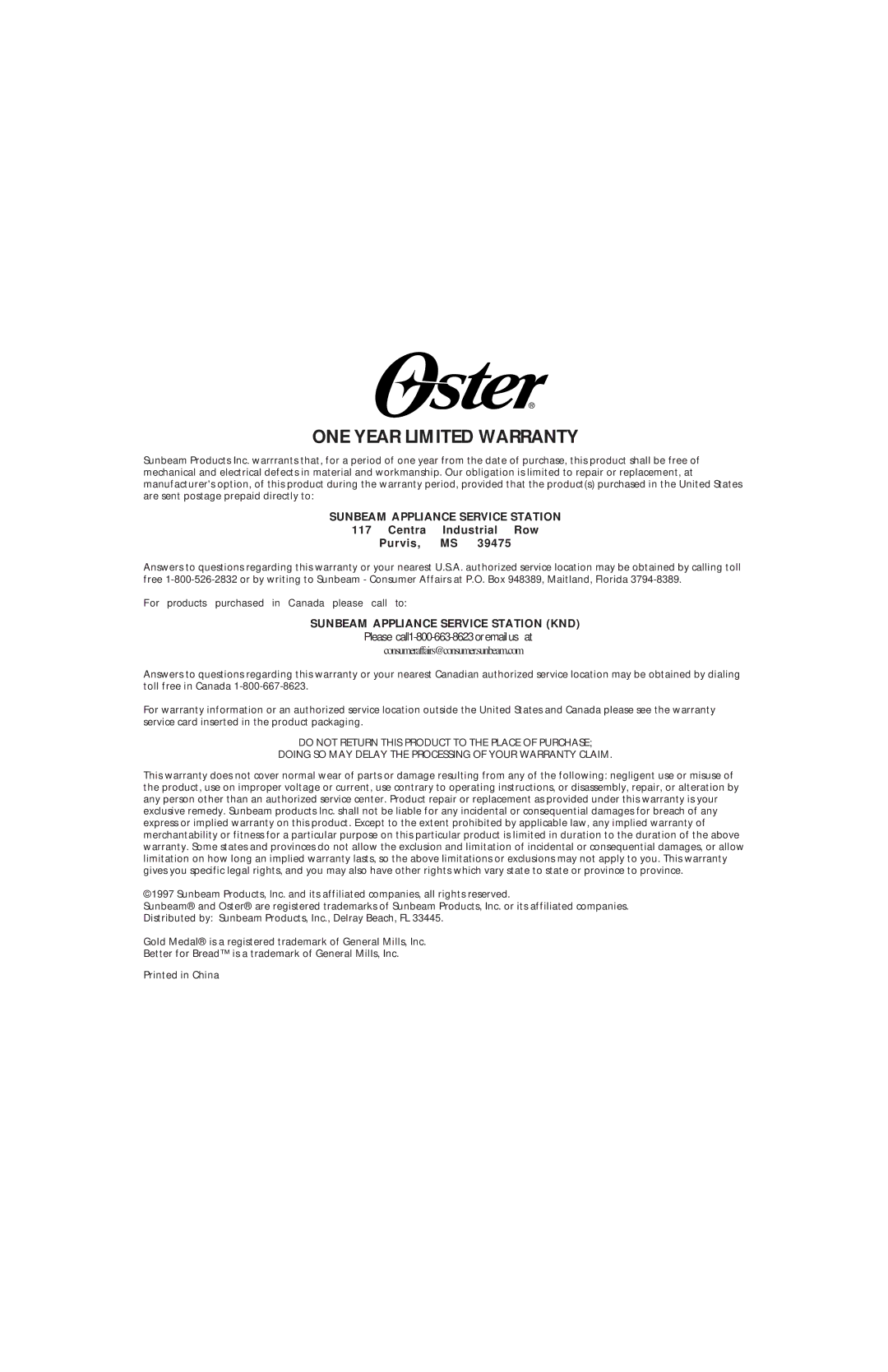 Oster Bread & Dough Maker manual ONE Year Limited Warranty 