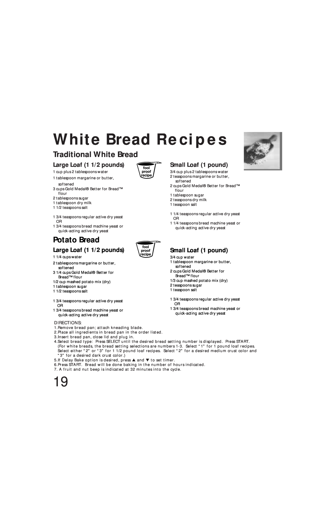 Oster Bread & Dough Maker manual White Bread R e c i p e s, Large Loaf 1 1/2 pounds, Small Loaf 1 pound 