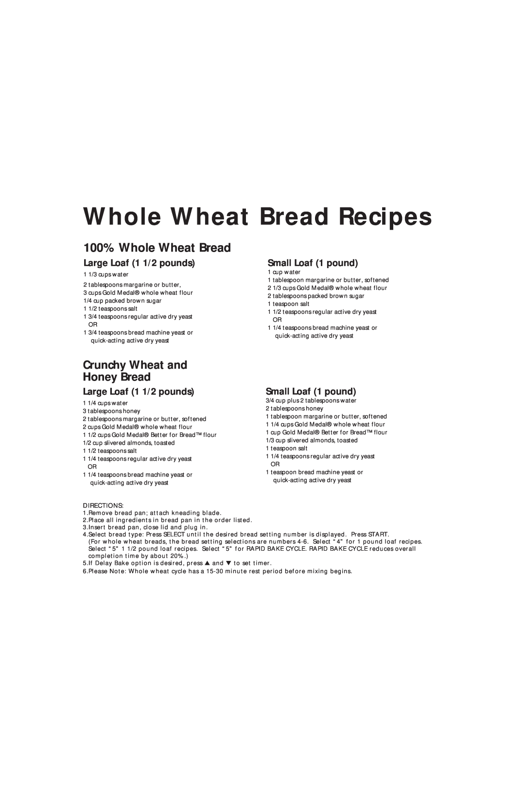 Oster Bread & Dough Maker manual Whole Wheat Bread Recipes, Crunchy Wheat and Honey Bread, Large Loaf 1 1/2 pounds 
