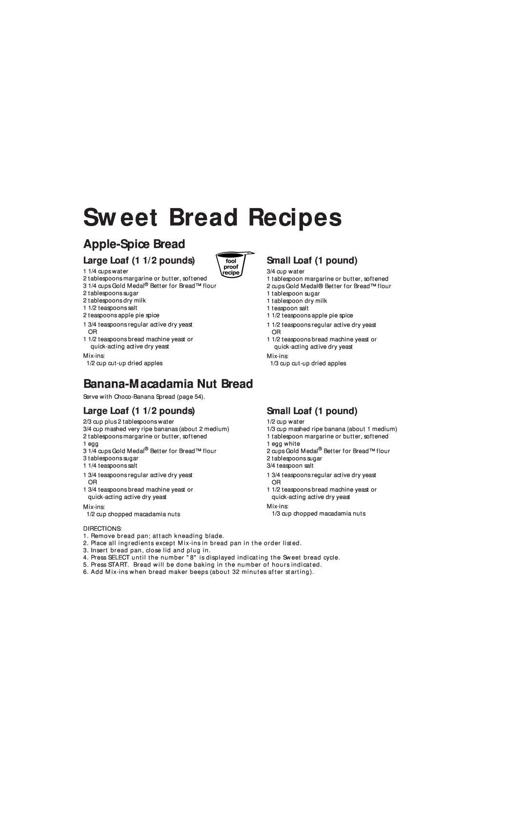 Oster Bread & Dough Maker manual Sweet Bread Recipes, Large Loaf 1 1/2 pounds, Small Loaf 1 pound 