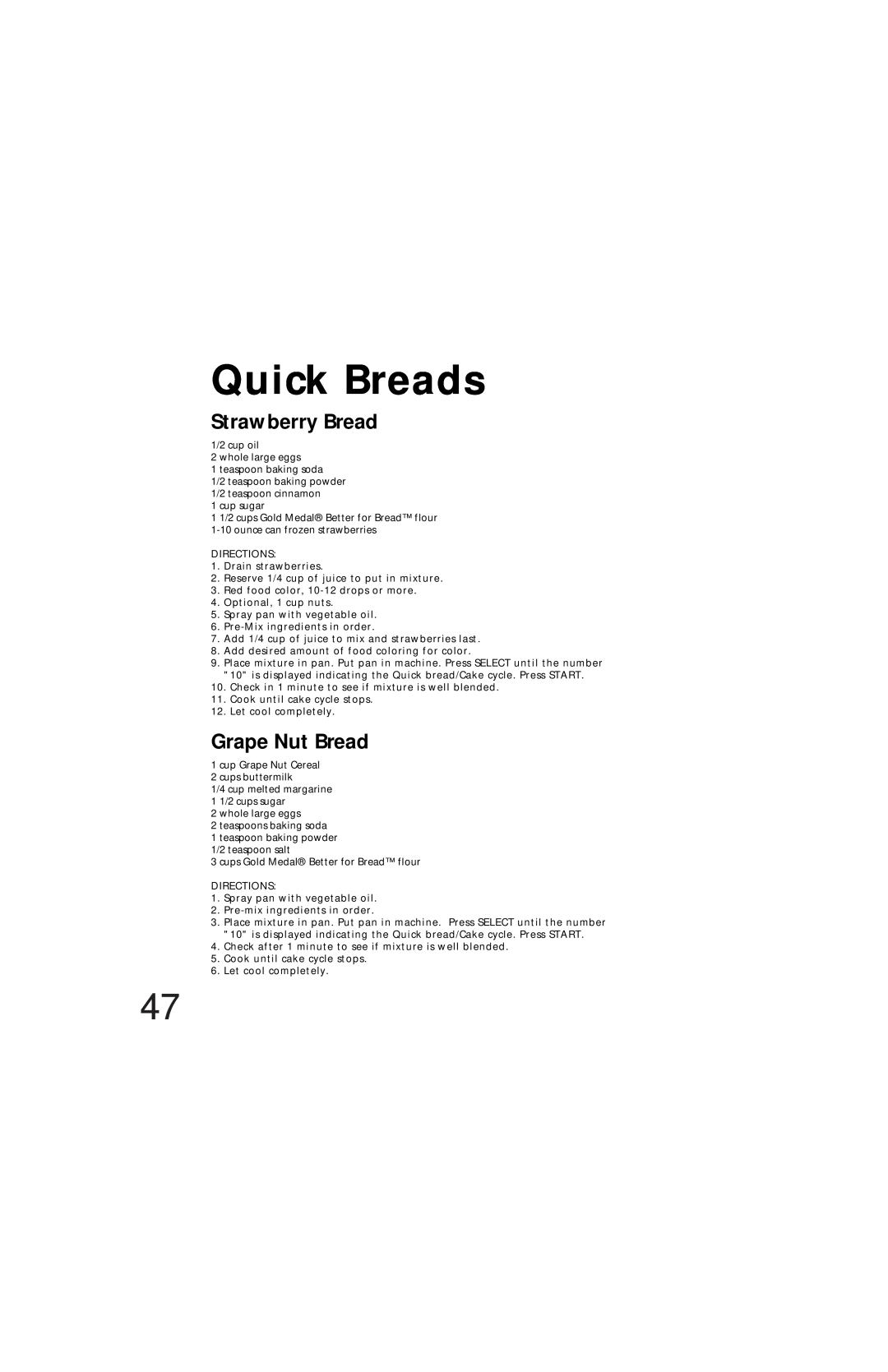 Oster Bread & Dough Maker manual Quick Breads, Strawberry Bread, Grape Nut Bread 