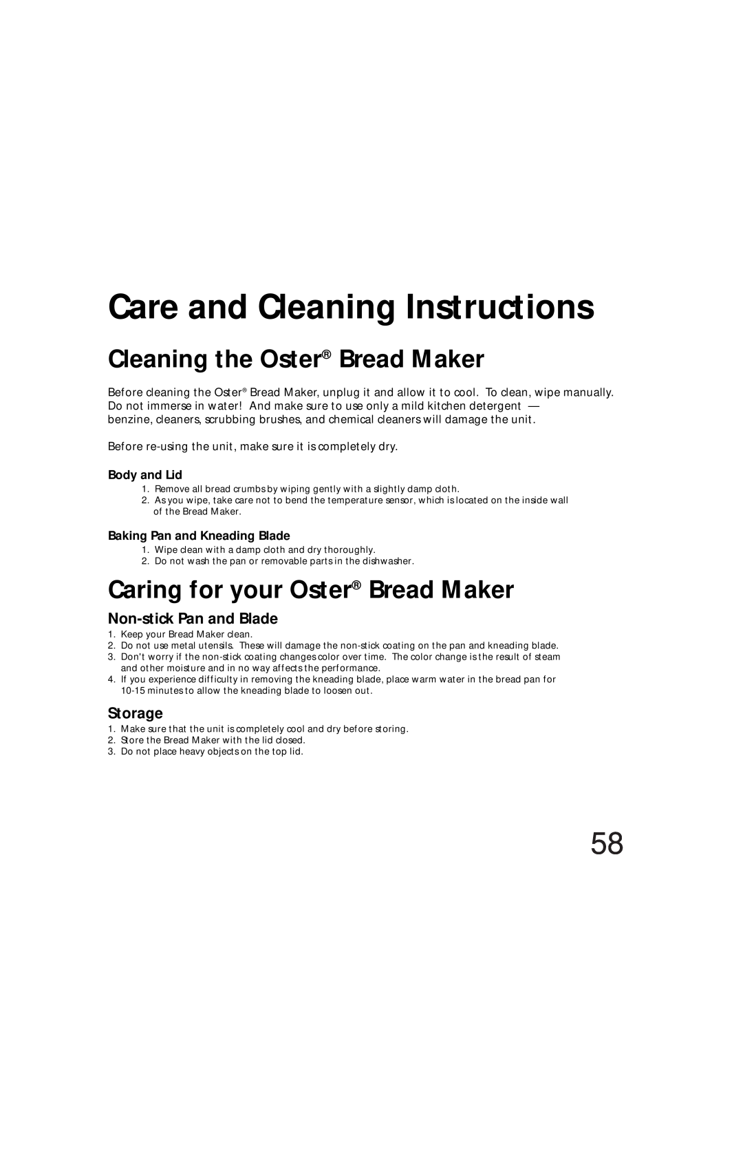 Oster Bread & Dough Maker Care and Cleaning Instructions, Cleaning the Oster Bread Maker, Non-stickPan and Blade, Storage 