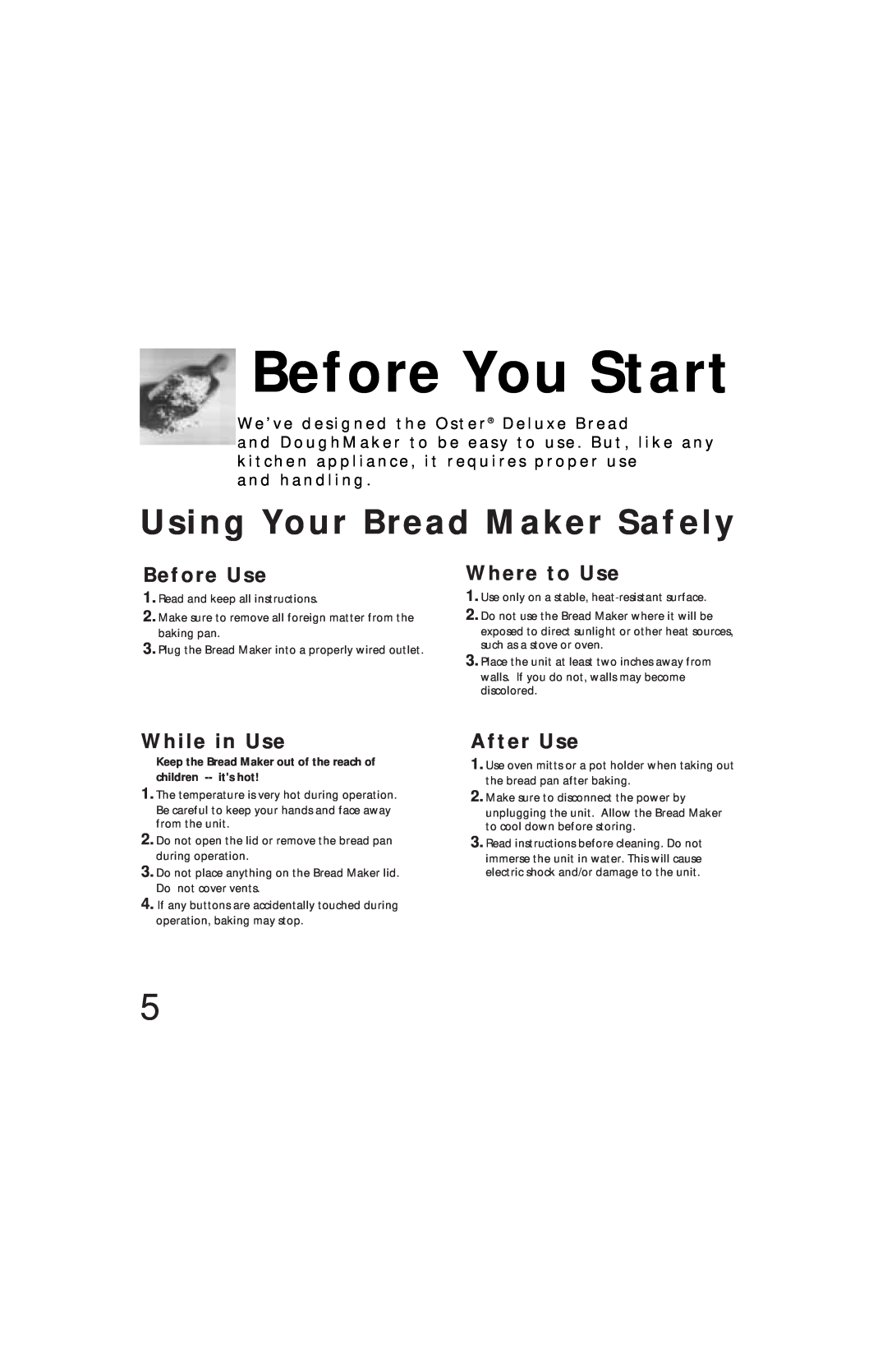 Oster Bread & Dough Maker manual Before You Start, Using Your Bread Maker Safely 