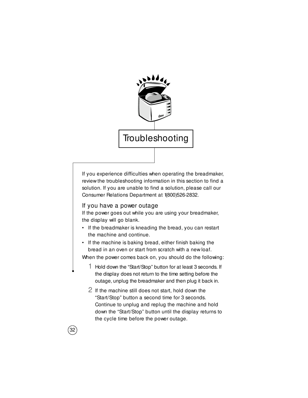 Oster Bread Maker user manual Troubleshooting, If you have a power outage 