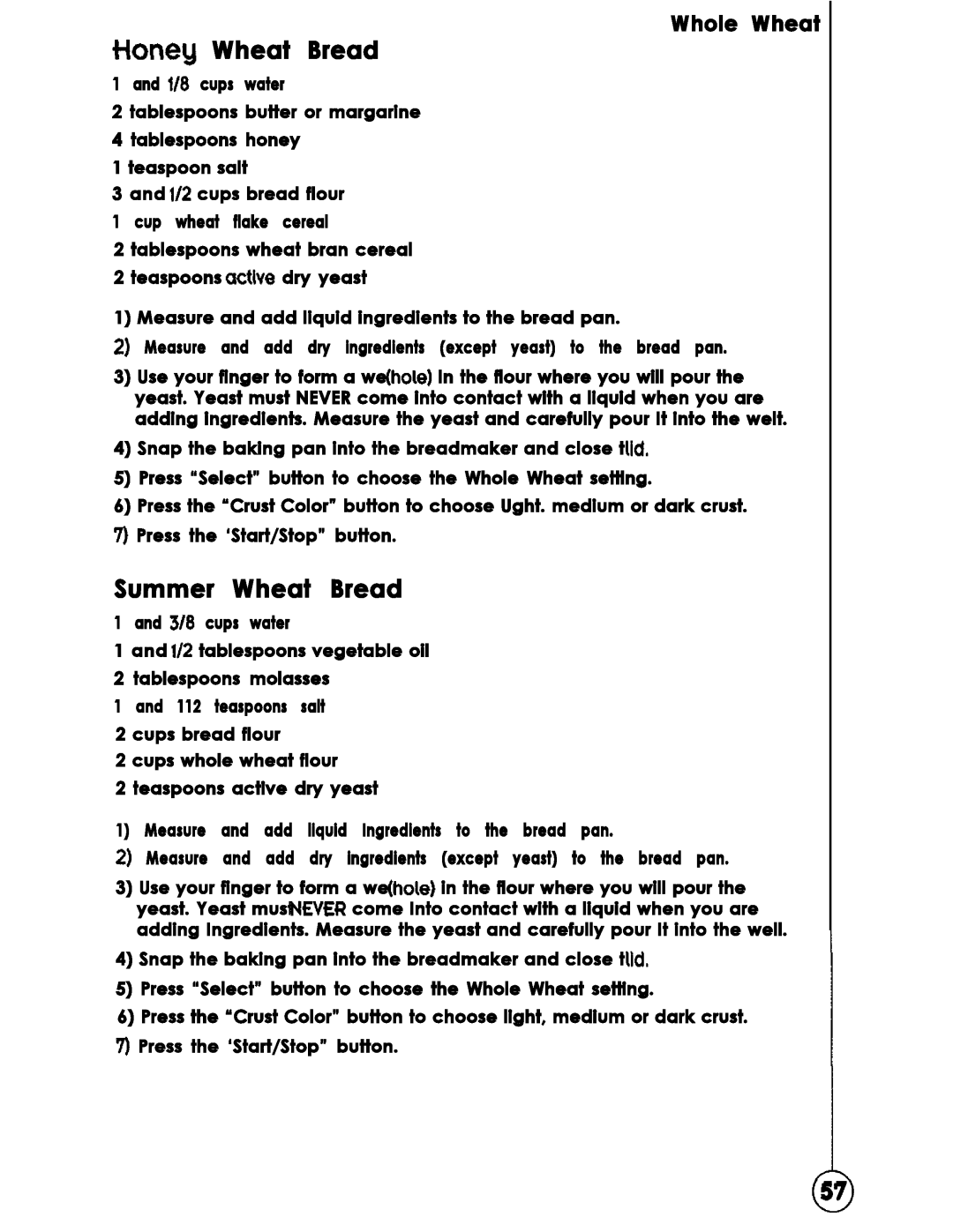Oster Bread Maker user manual Summer Wheat Bread, Whole Wheat 