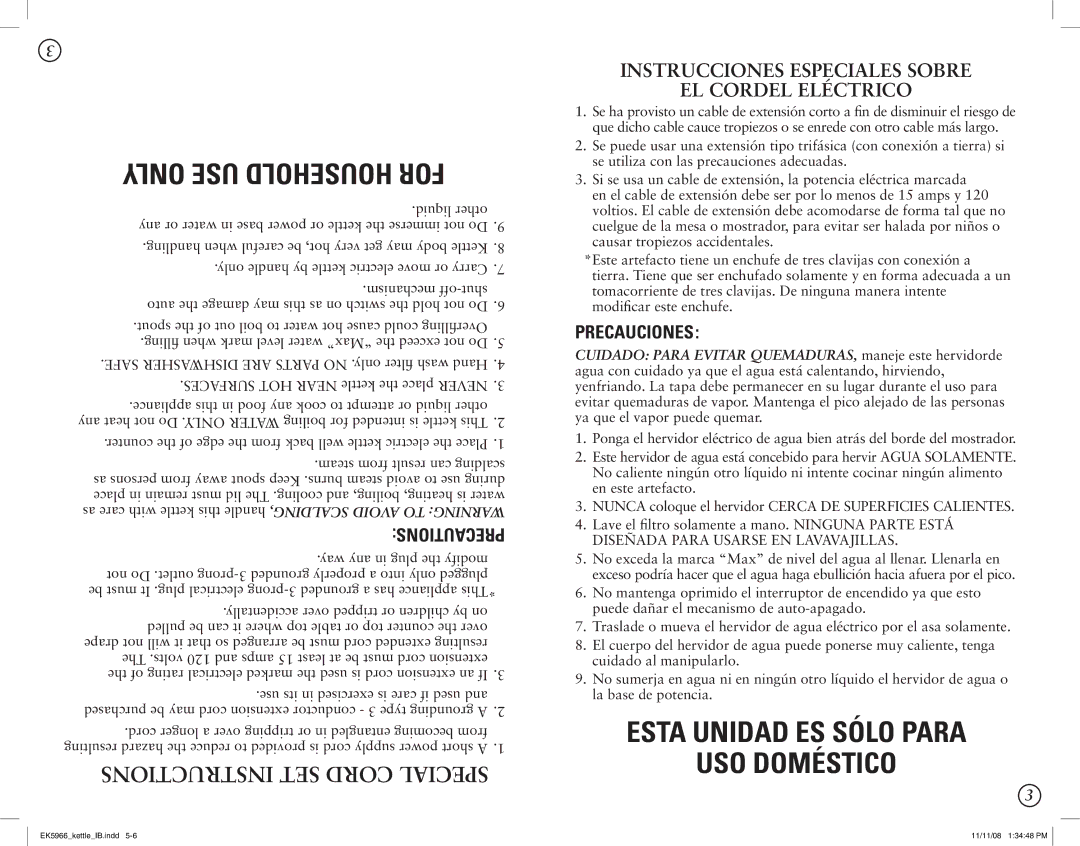 Oster 130415 Only USE Household for, Esta Unidad ES Sólo Para USO Doméstico, Instructions SET Cord Special, Precautions 