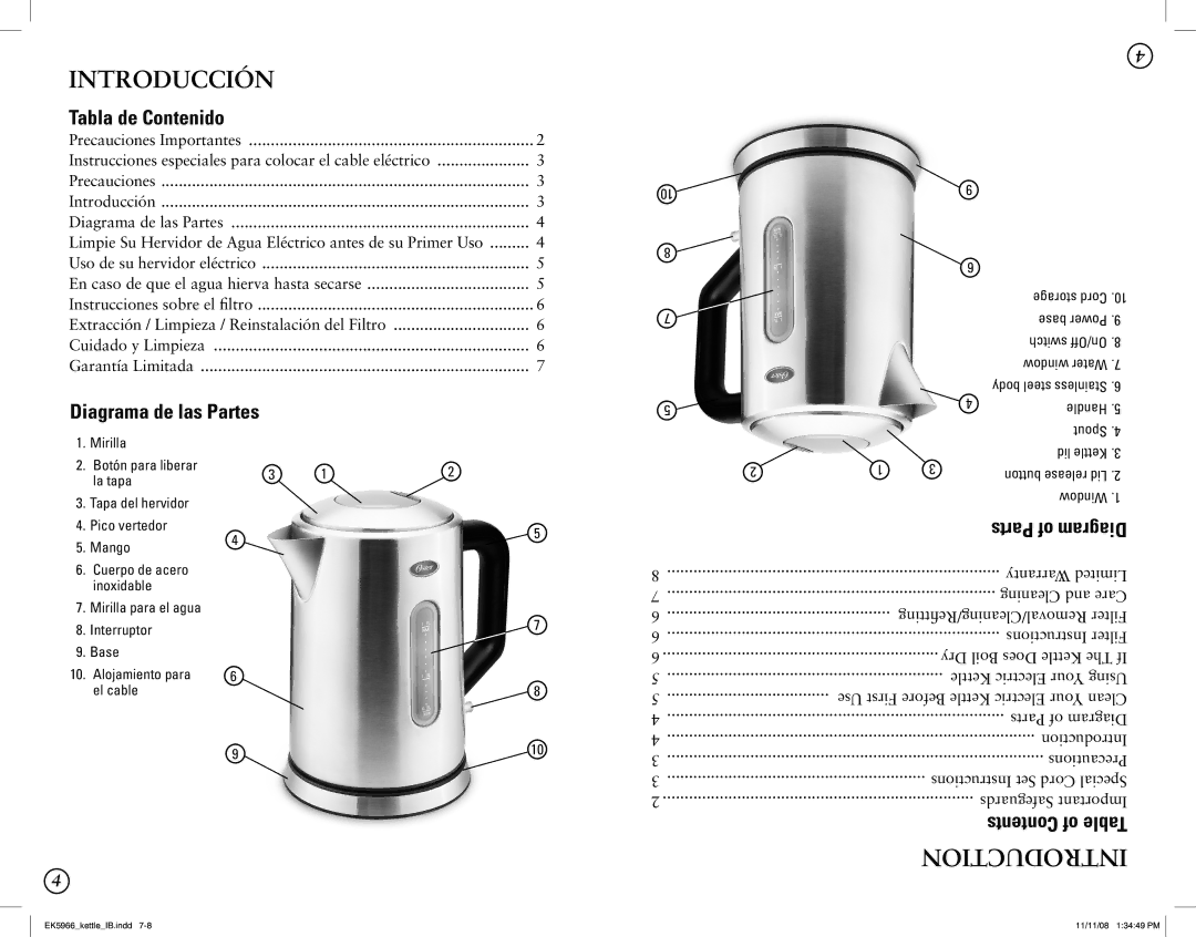 Oster BVST-EK5966, 130415 user manual Introducción, Introduction, Tabla de Contenido, Diagrama de las Partes 