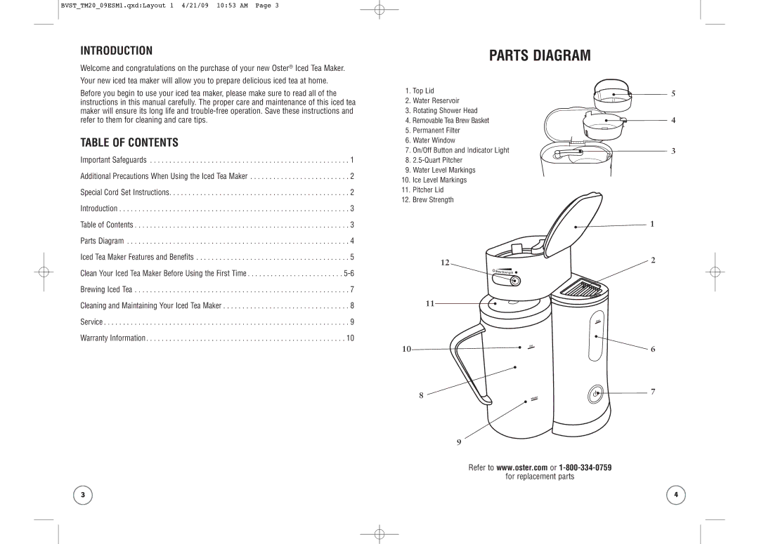 Oster BVST-TM25, BVST-TM20, BVST-TM23 user manual Introduction, Table of Contents 