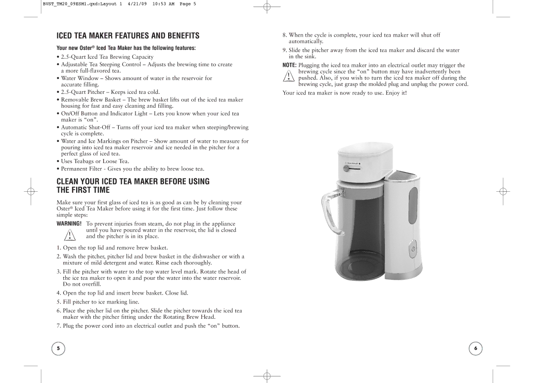 Oster BVST-TM25, BVST-TM20 Iced TEA Maker Features and Benefits, Clean Your Iced TEA Maker Before Using First Time 