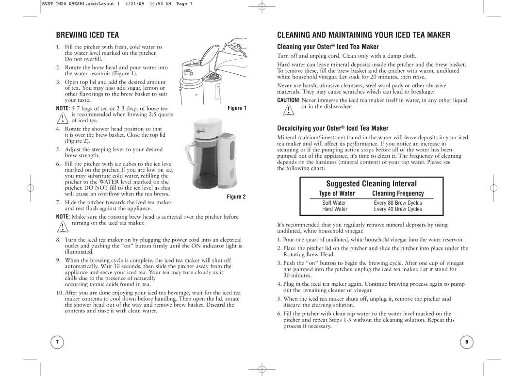 Oster BVST-TM20, BVST-TM25 Brewing Iced TEA, Cleaning and Maintaining Your Iced TEA Maker, Suggested Cleaning Interval 