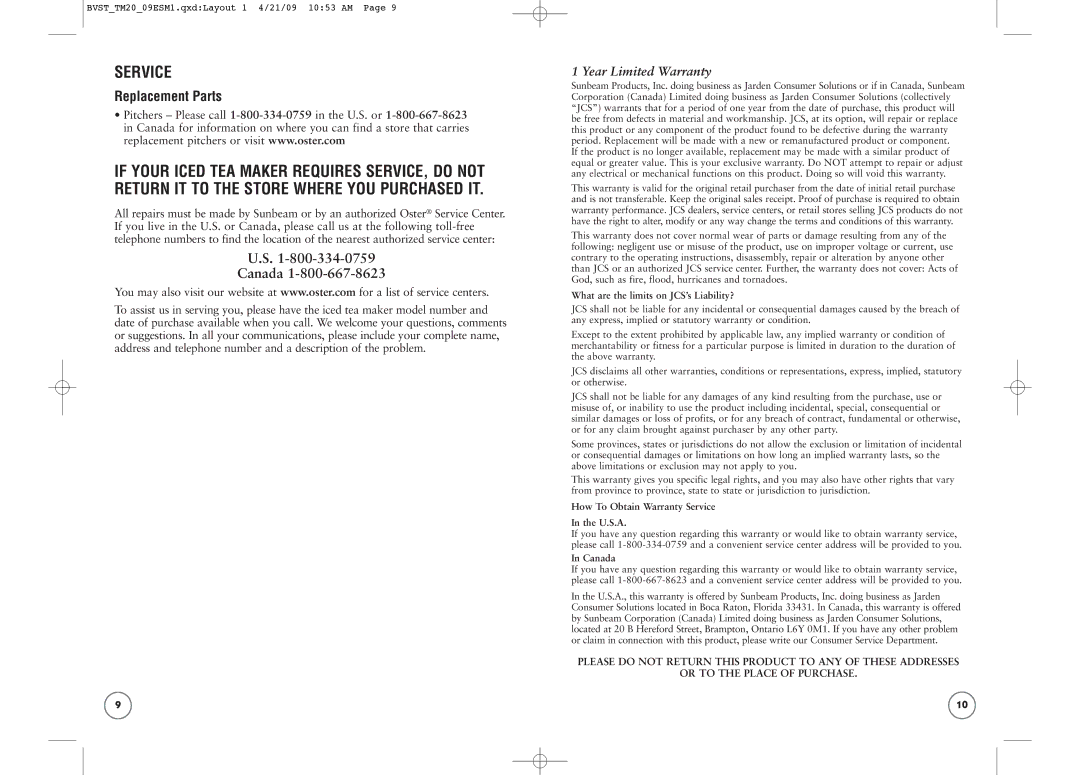 Oster BVST-TM23, TM20 Replacement Parts, What are the limits on JCS’s Liability?, How To Obtain Warranty Service U.S.A 