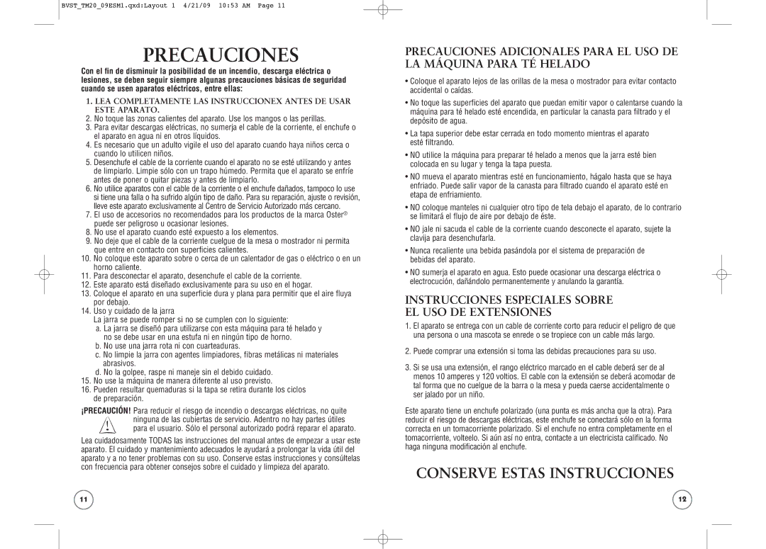 Oster BVST-TM25, BVST-TM20, BVST-TM23 user manual Precauciones 