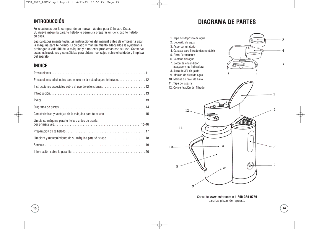 Oster BVST-TM25, TM20 Introducción, Índice, Limpie su máquina para té helado antes de usarla, Para las piezas de repuesto 