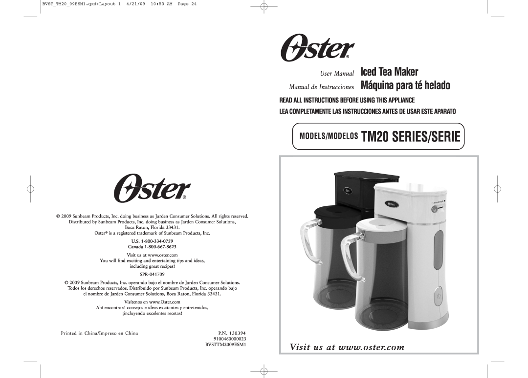 Oster BVST-TM20 user manual Iced Tea Maker Máquina para té helado, Read All Instructions Before Using This Appliance 