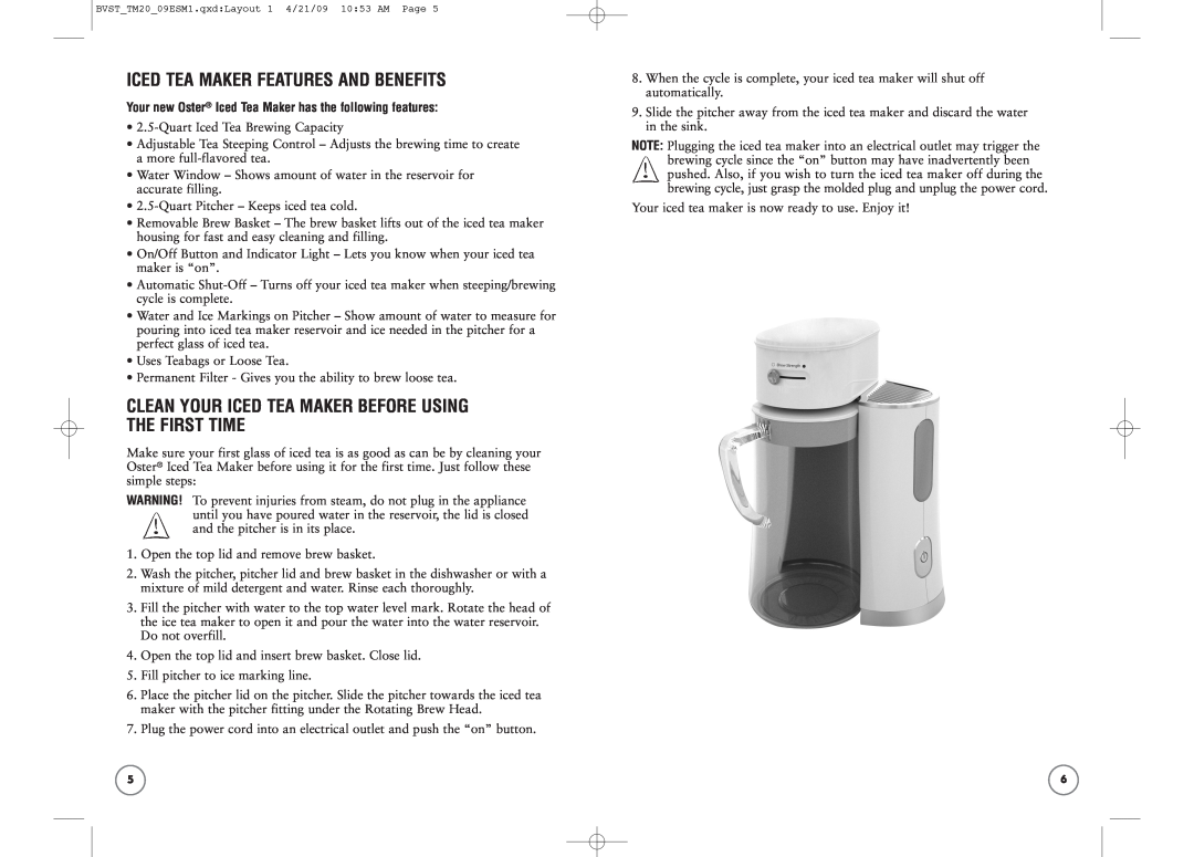 Oster BVST-TM25, BVST-TM20 Iced Tea Maker Features And Benefits, Clean Your Iced Tea Maker Before Using The First Time 