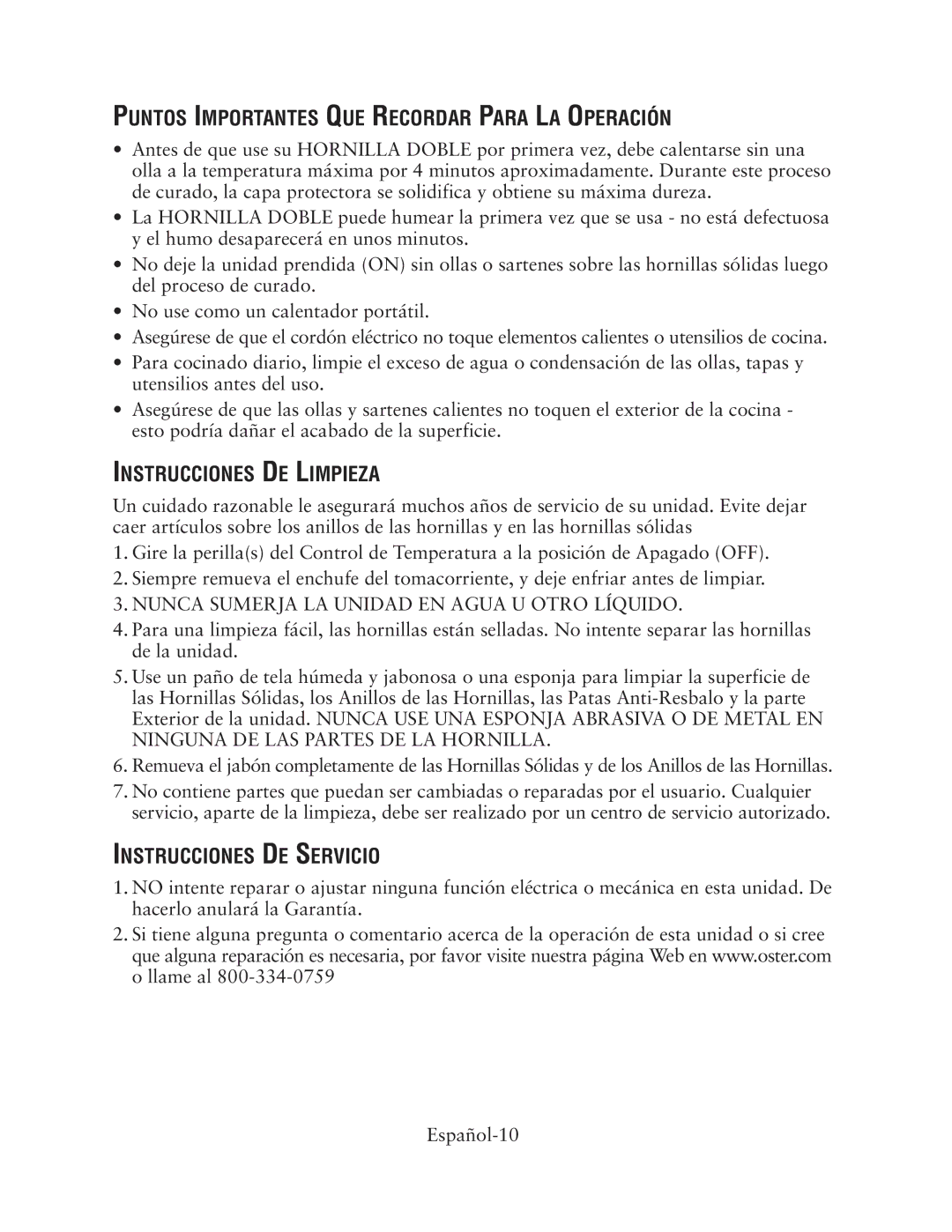 Oster CKSTBUDS00 Puntos Importantes QUE Recordar Para LA Operación, Instrucciones DE Limpieza, Instrucciones DE Servicio 