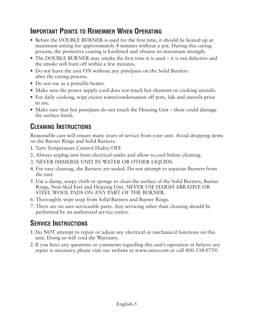 Oster CKSTBUDS00 user manual Important Points to Remember When Operating, Cleaning Instructions, Service Instructions 