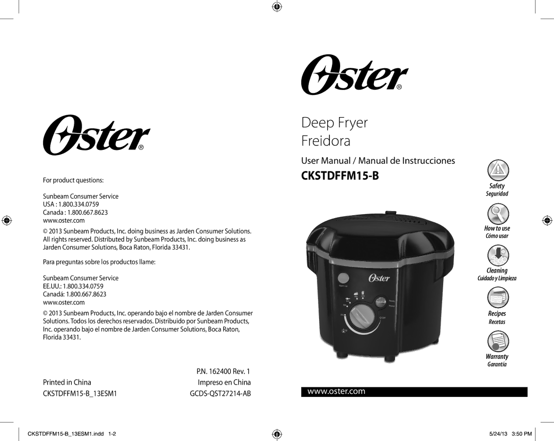 Oster Deep Fryer Freidora, CKSTDFFM15-B user manual For product questions 