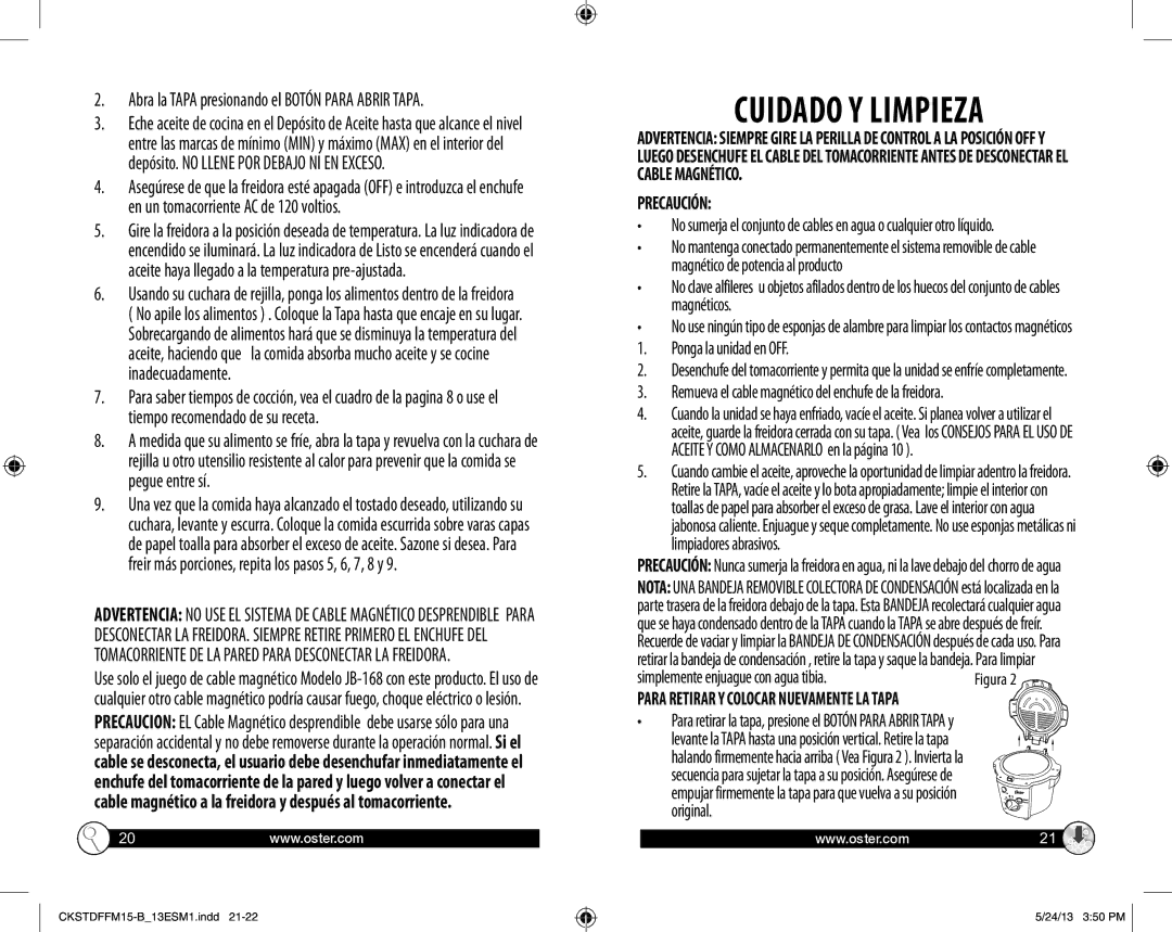 Oster Deep Fryer Freidora, CKSTDFFM15-B user manual Cuidado Y Limpieza, Precaución 