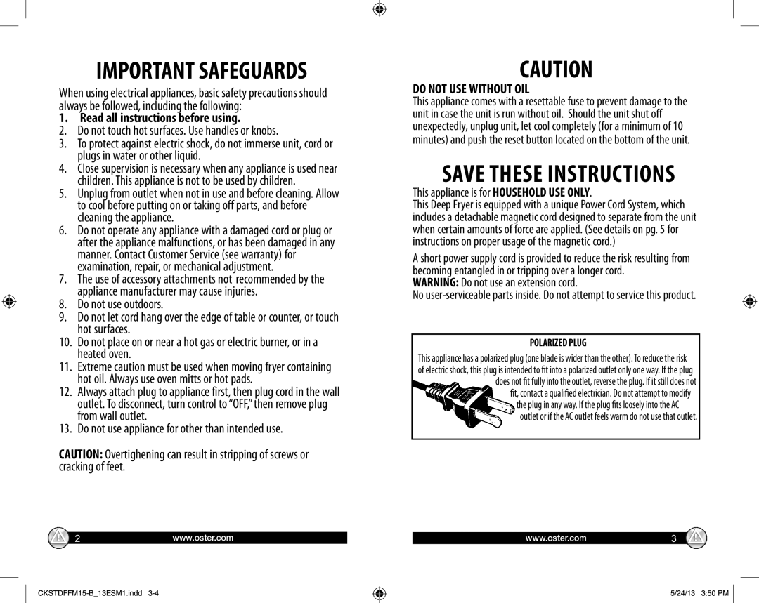 Oster CKSTDFFM15-B, Deep Fryer Freidora user manual This appliance is for Household USE only, Polarized Plug 