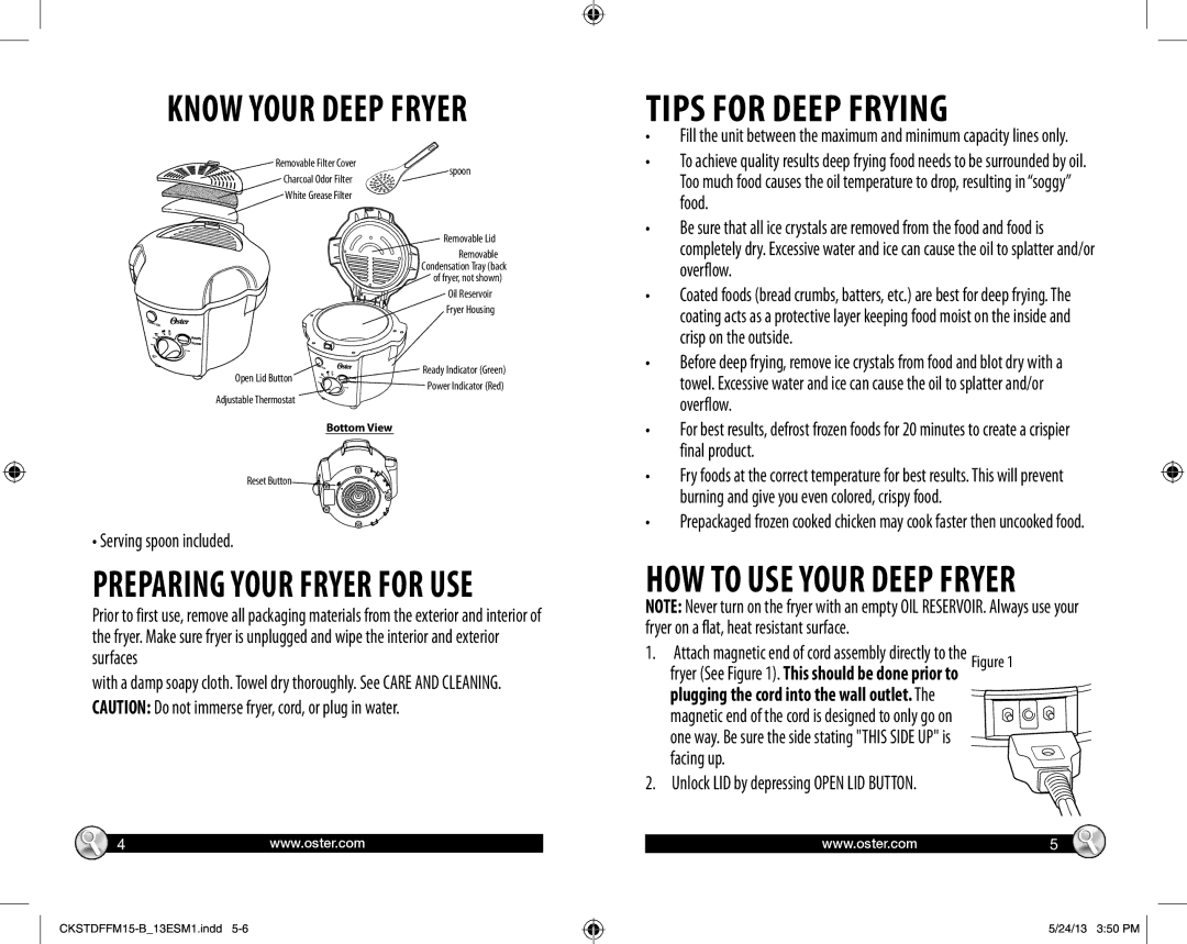 Oster Deep Fryer Freidora, CKSTDFFM15-B Tips for Deep Frying, Preparing Your Fryer for USE, Serving spoon included 