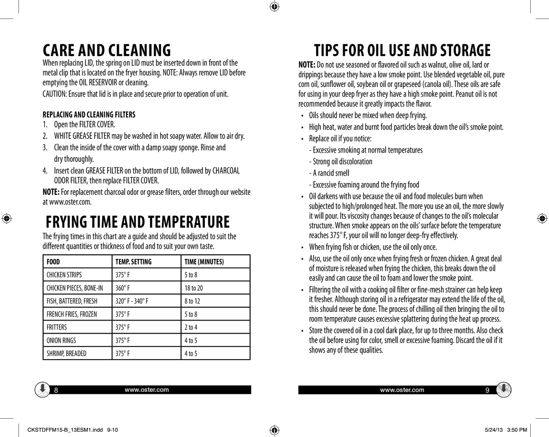 Oster Deep Fryer Freidora Tips for OIL USE and Storage, Open the Filter Cover, Odor FILTER, then replace Filter Cover 