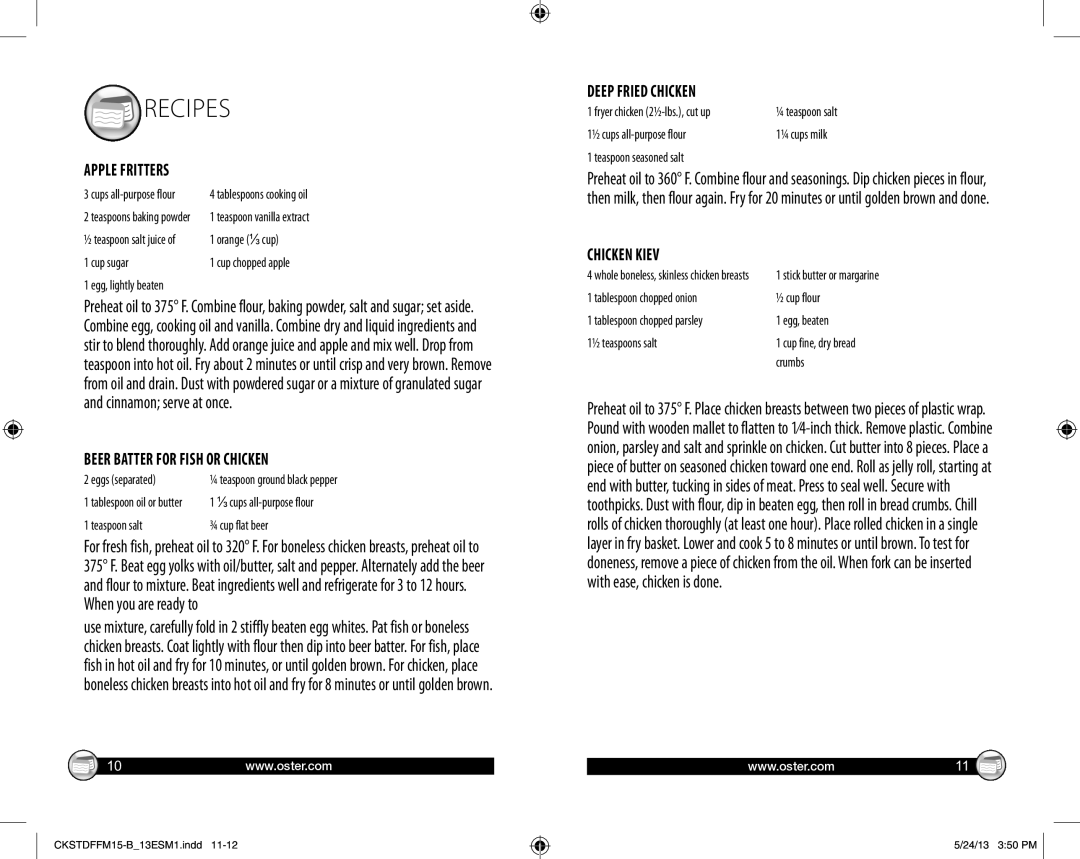 Oster CKSTDFFM15-B user manual When you are ready to, Apple Fritters, Beer Batter for Fish or Chicken, Deep Fried Chicken 