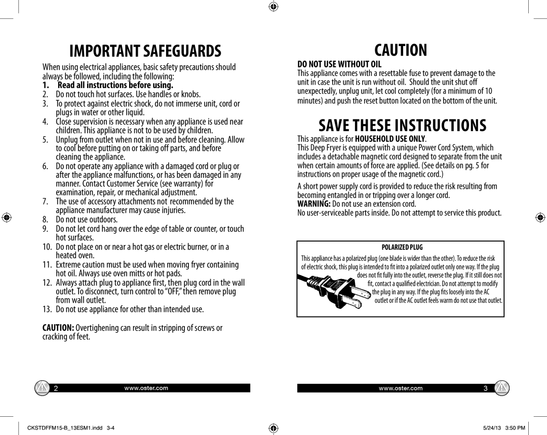 Oster CKSTDFFM15-B user manual Important Safeguards, Save These Instructions, always be followed, including the following 