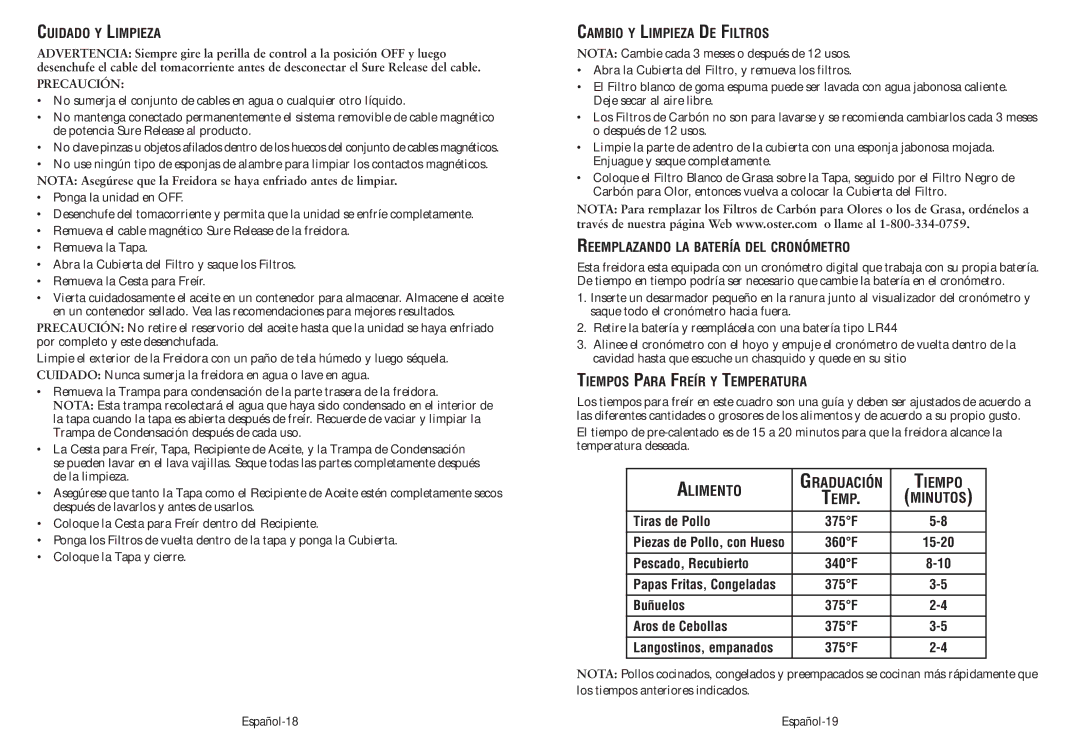 Oster CKSTDFFM40 user manual Alimento, Tiempo 