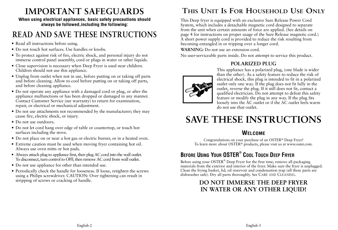 Oster CKSTDFFM40 user manual This Unit is for Household USE only, Welcome, Before Using Your Oster Cool Touch Deep Fryer 