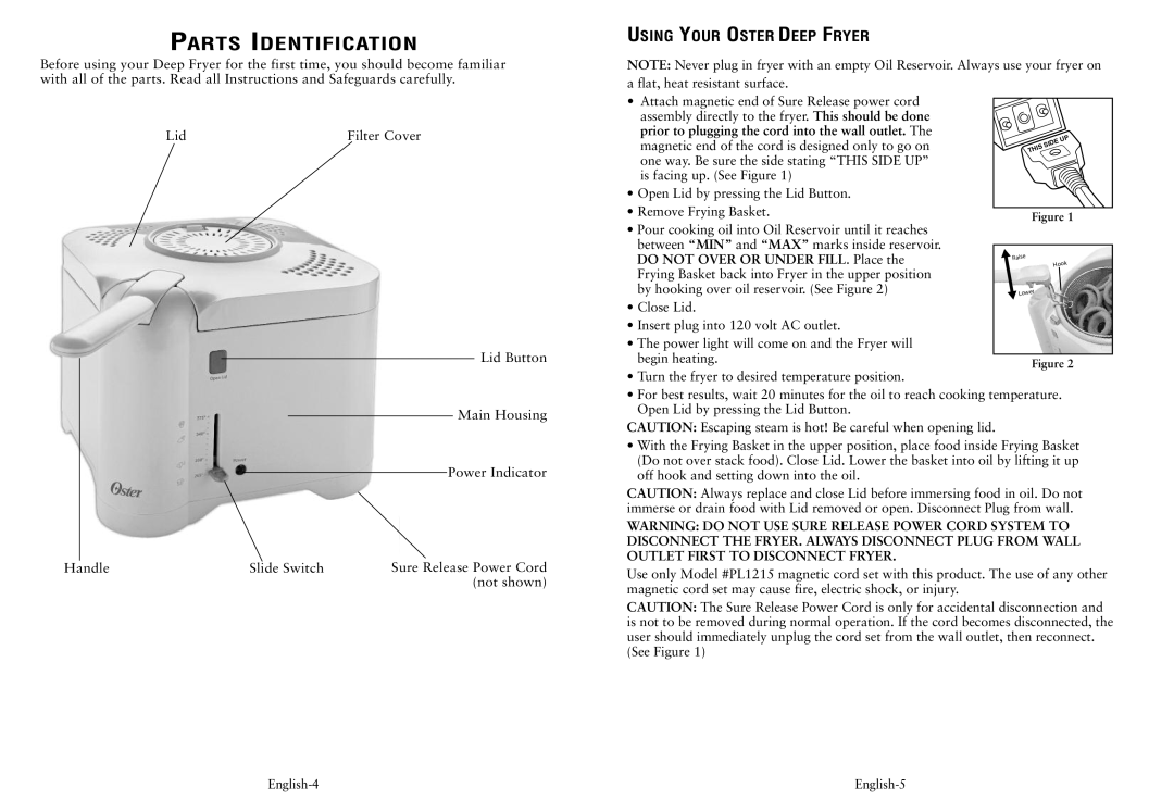 Oster CKSTDFFM40 user manual Parts Identi Ficatio N, Using Your Oster Deep Fryer 