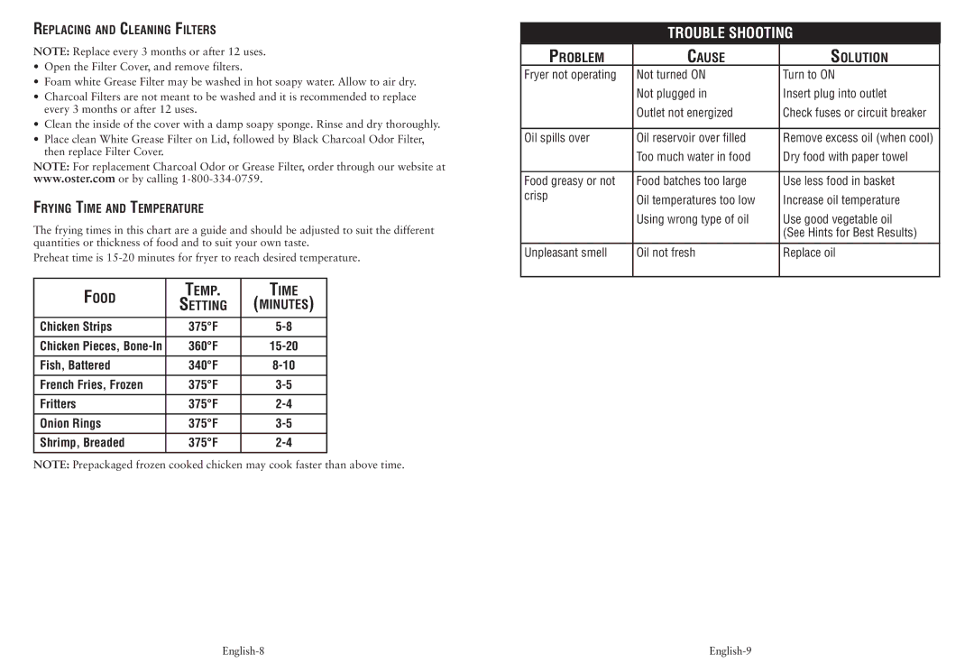 Oster CKSTDFFM40 Food Temp Time, Problem Cause Solution, Replacing and Cleaning Filters, Frying Time and Temperature 