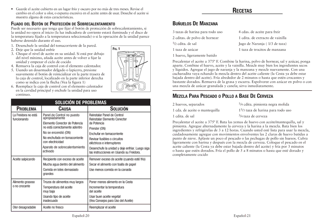 Oster CKSTDFZM53 user manual Buñuelos De Manzana, Mezcla Para Pescado o Pollo a Base De Cerveza, Problema Causa Solución 