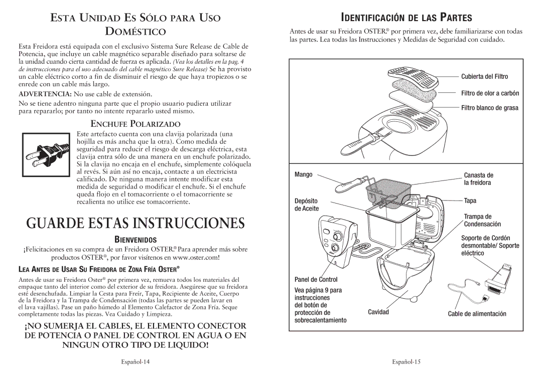 Oster CKSTDFZM53 user manual Bienvenidos, Lea Antes de Usar Su Freidora de Zona Fría Oster 