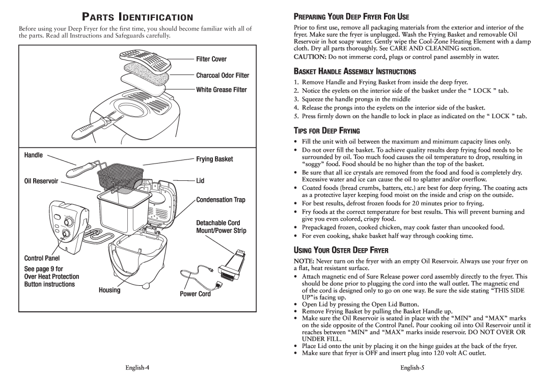 Oster CKSTDFZM53 user manual Preparing Your Deep Fryer For Use, Basket Handle Assembly Instructions, Tips for Deep Frying 