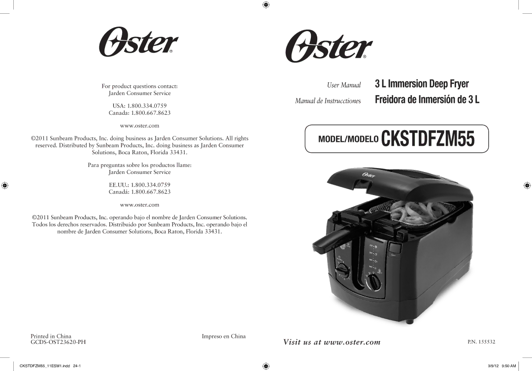 Oster 3 L Immersion Deep Fryer user manual MODEL/MODELO CKSTDFZM55 