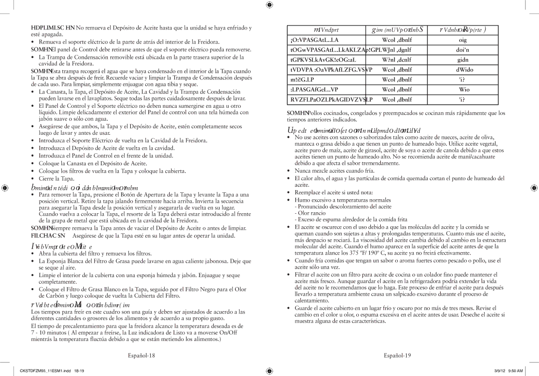 Oster CKSTDFZM55 user manual Para remover y Reemplazar la Tapa, Limpiando los Filtros, Tiempos Para Freír y Temperatura 