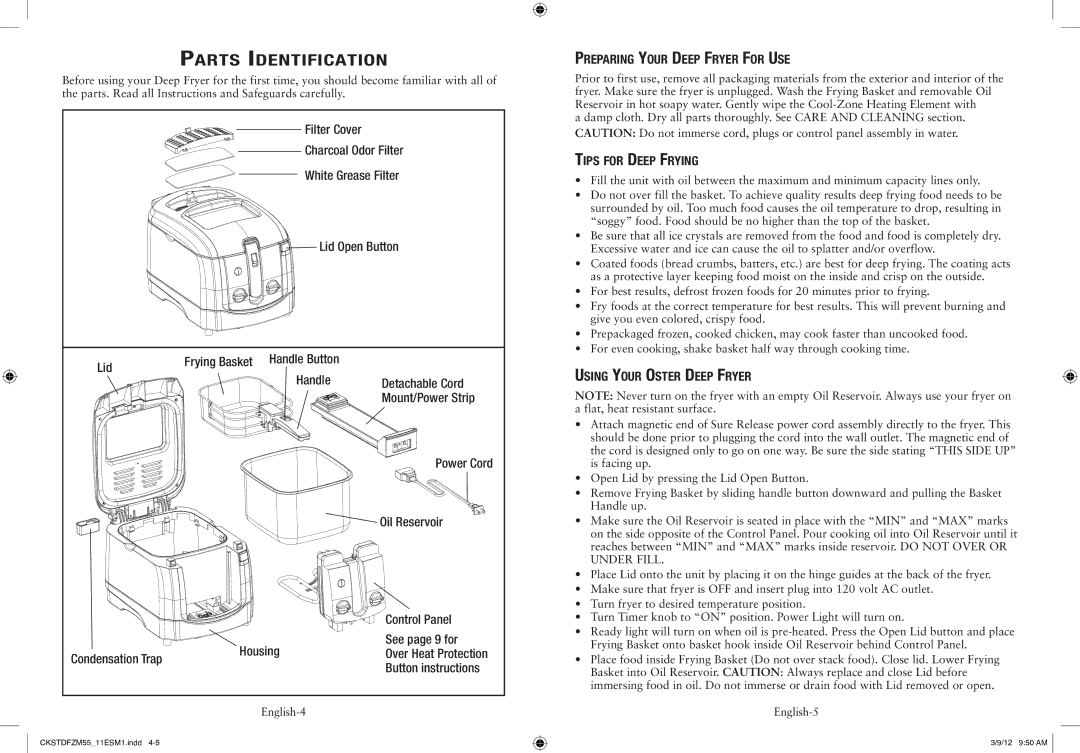 Oster 3 L Immersion Deep Fryer Preparing Your Deep Fryer For Use, Tips for Deep Frying, Using Your Oster Deep Fryer 