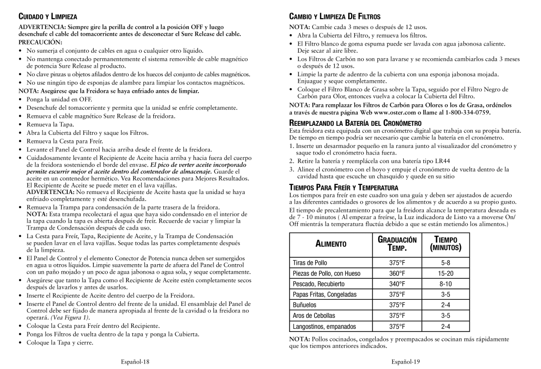 Oster CKSTDFZM70 user manual Alimento Graduación Tiempo 