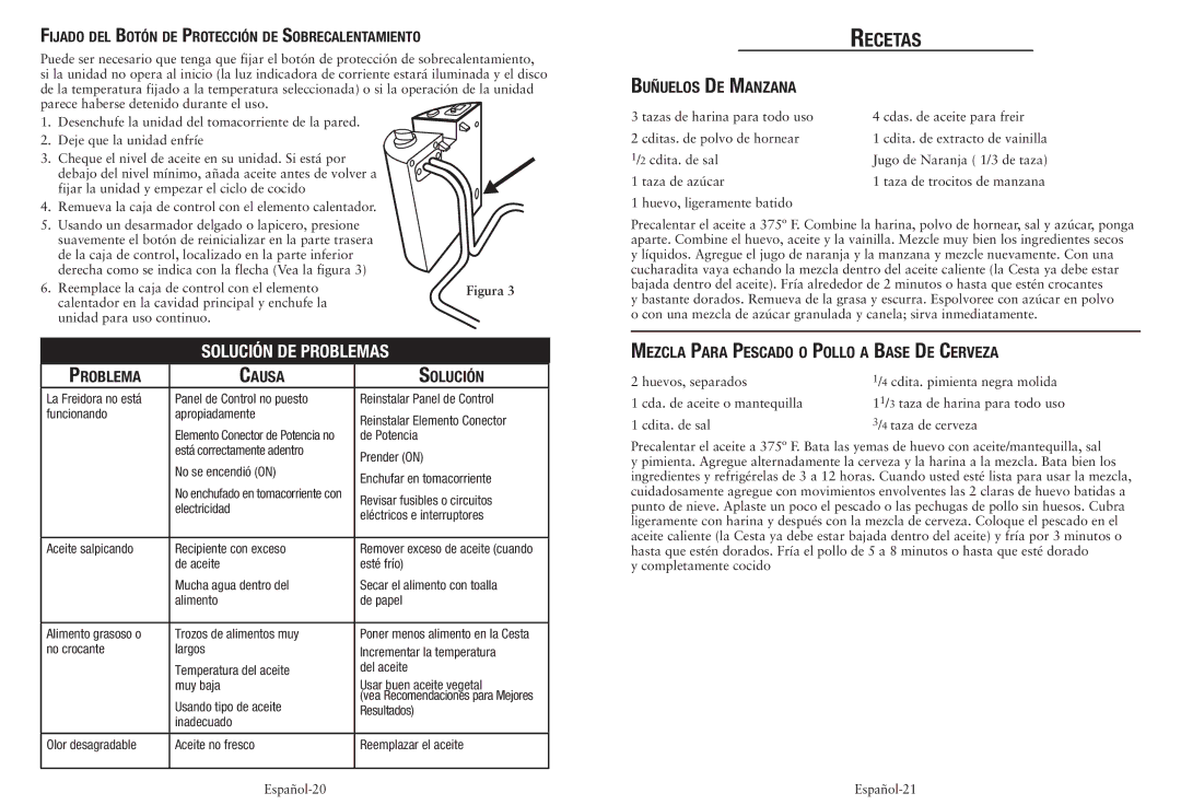 Oster CKSTDFZM70 user manual Problema Causa Solución, Buñuelos De Manzana, Mezcla Para Pescado o Pollo a Base De Cerveza 