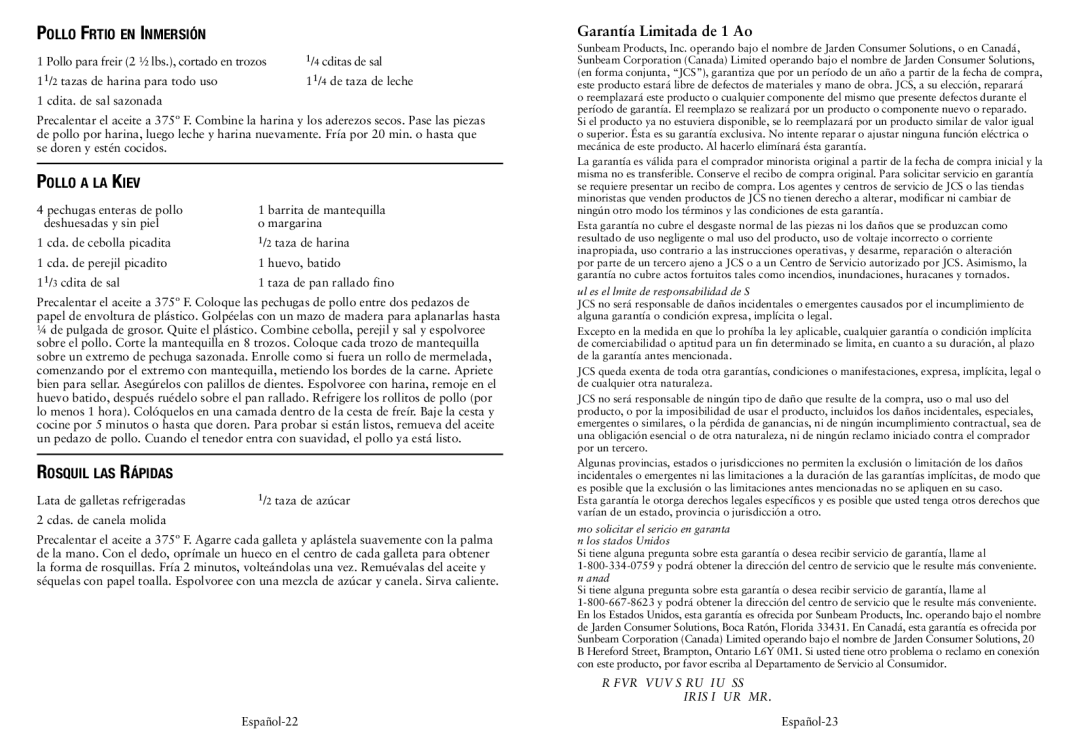 Oster CKSTDFZM70 user manual Pollo Frtio en Inmersión, Pollo a la Kiev, Rosquil las Rápidas 