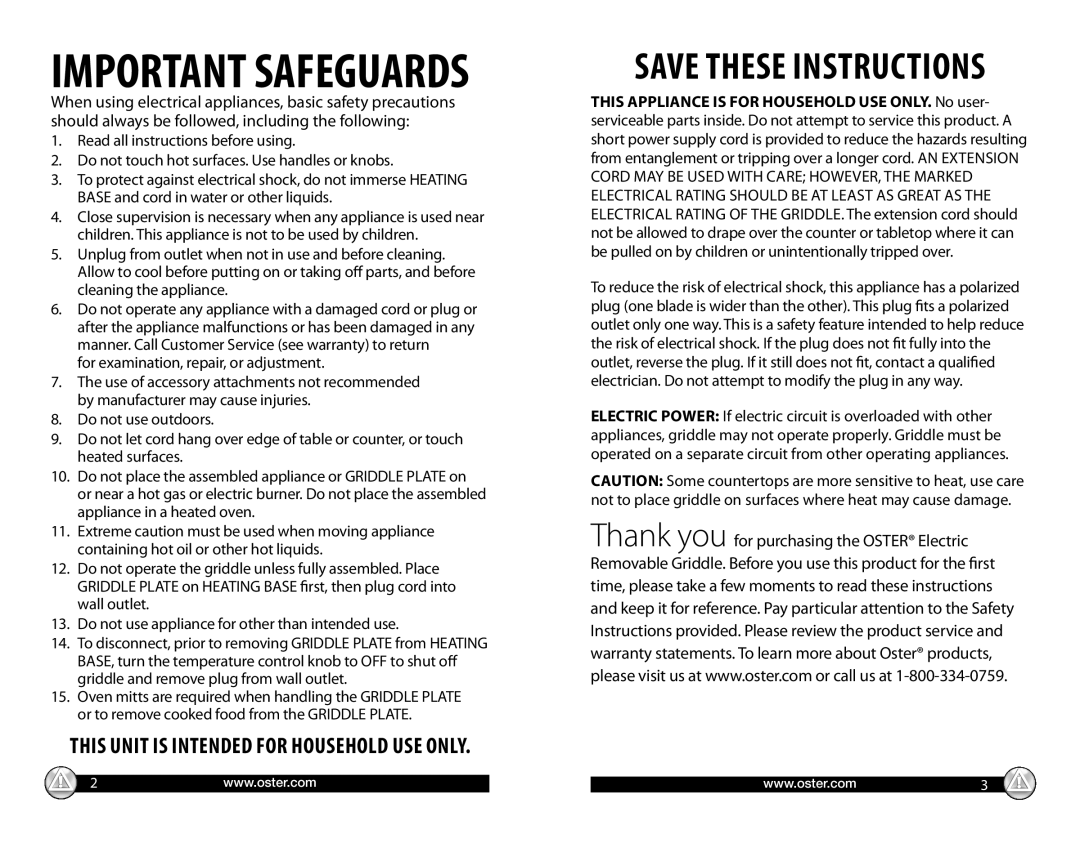 Oster CKSTGRRM25 warranty Important Safeguards 