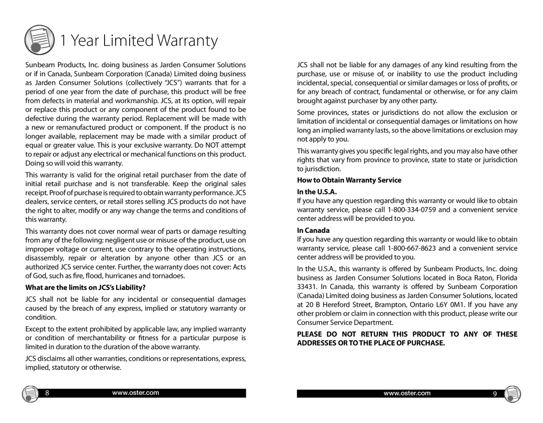 Oster CKSTGRRM25 warranty What are the limits on JCS’s Liability?, How to Obtain Warranty Service U.S.A, Canada 