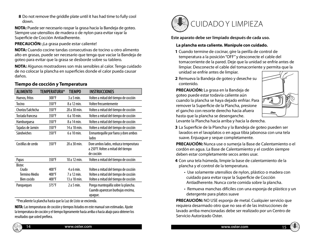 Oster CKSTGRRM25 warranty Cuidado Y Limpieza, Tiempo Instrucciones 